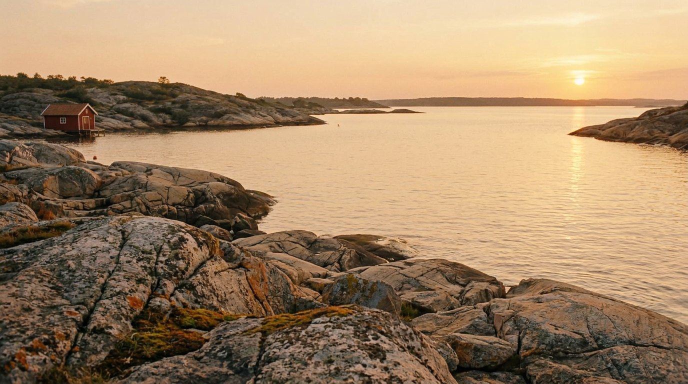 Klippor och öppet vatten i skärgården i kvällsljus
